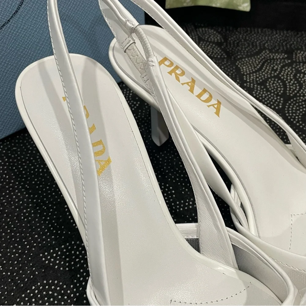 Prada White Bow Pointed Slingback Heels